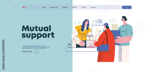 Mutual Support: Bringing groceries to food bank -modern flat vector concept illustration of people donating food to food pantry A metaphor of voluntary, collaborative exchanges of resource, services
