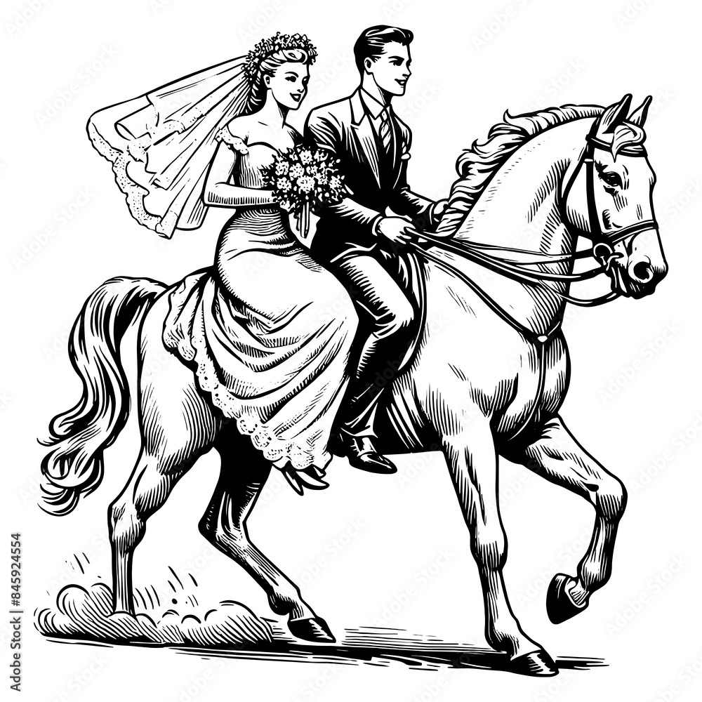 Fototapeta premium bride and groom in traditional wedding attire riding a horse romantic moment sketch engraving generative ai fictional character PNG illustration. Scratch board imitation. Black and white image.