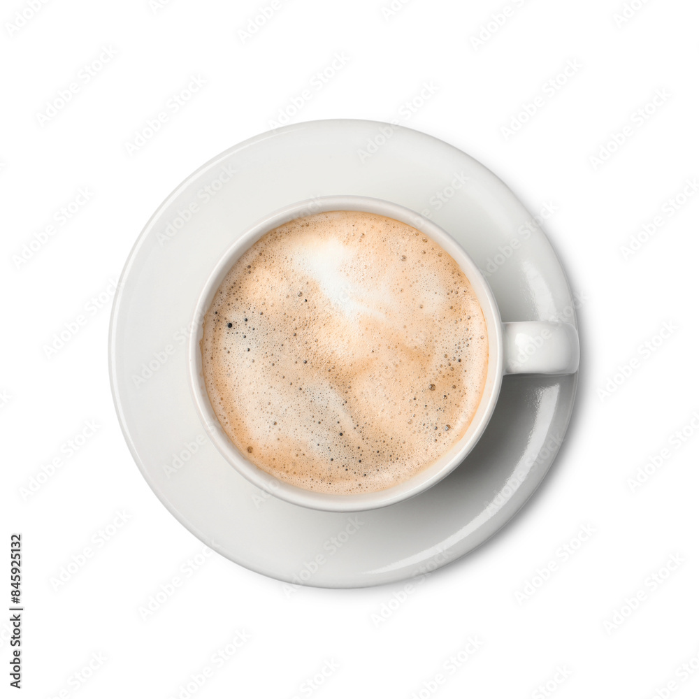 Tasty cappuccino in coffee cup isolated on white, top view Tasty cappuccino in coffee cup isolated on white, top view