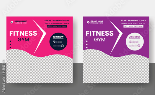 Social media post template design for Gym, Fitness, Workout, and Sports. Editable modern abstract banner with place for the photo. Usable for social media, banner , and website.