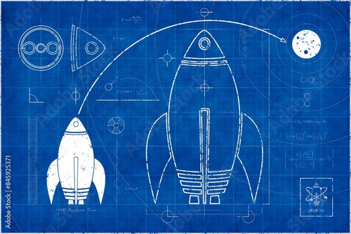 Fototapeta Naklejka Na Ścianę i Meble -  Fantasy rocket launch blueprint illustration. Use as design element for websites, print and other graphics.