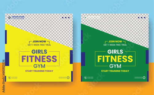Social media post template design for Gym, Fitness, Workout, and Sports. Editable modern abstract banner with place for the photo. Usable for social media, banner , and website.