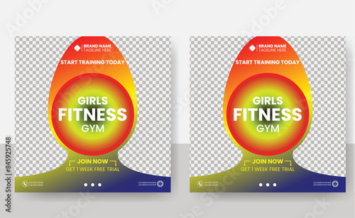 Social media post template design for Gym, Fitness, Workout, and Sports. Editable modern abstract banner with place for the photo. Usable for social media, banner , and website.