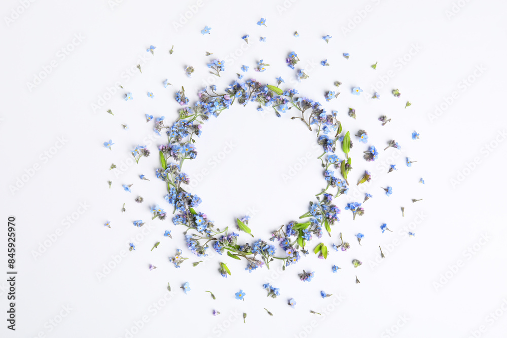 Round frame of beautiful forget-me-not flowers on white background, top view. Space for text