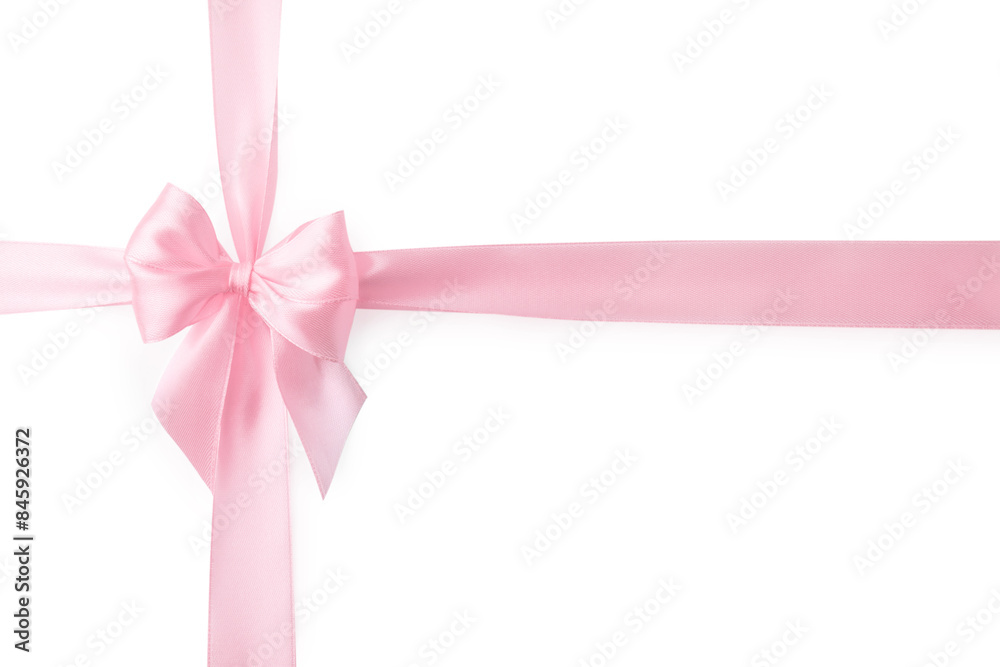 Pink satin ribbon with bow isolated on white, top view Pink satin ribbon with bow isolated on white, top view