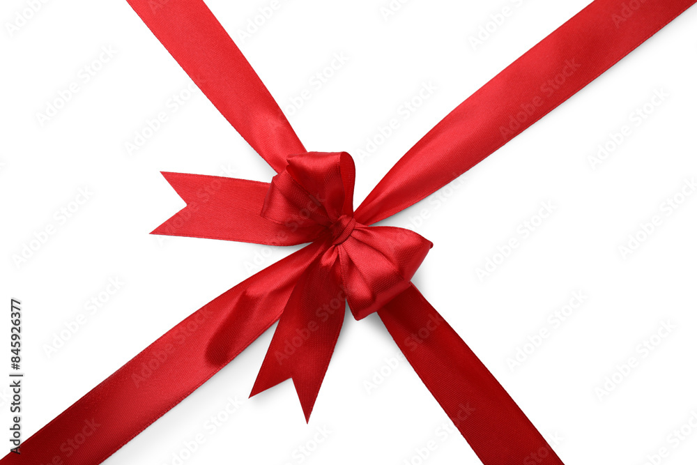 Red satin ribbon with bow isolated on white, top view Red satin ribbon with bow isolated on white, top view