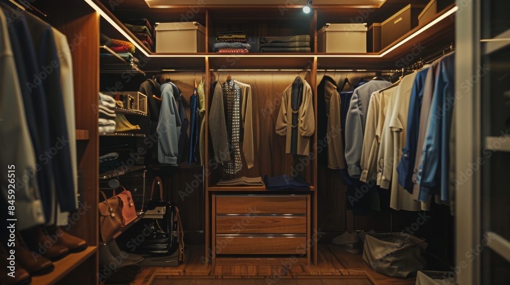 A well-organized walk-in closet with wooden shelves and drawers filled with folded clothes and accessories. Hangers hold various shirts, sweaters, and jackets, showcasing stylish wardrobe. A well-organized walk-in closet with wooden shelves and drawers filled with folded clothes and accessories. Hangers hold various shirts, sweaters, and jackets, showcasing stylish wardrobe.