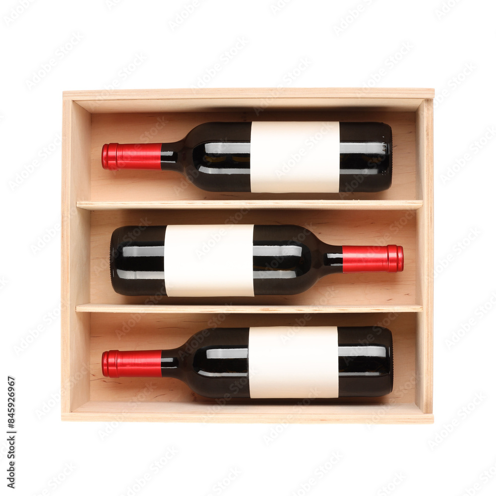 Wooden gift box with wine bottles isolated on white, top view