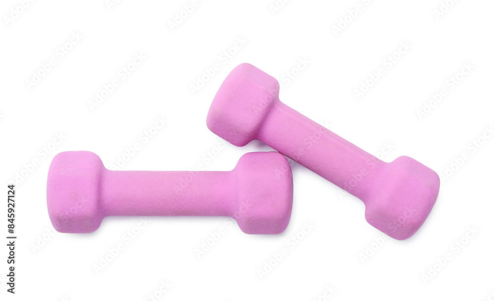 Violet dumbbells isolated on white, top view. Sports equipment