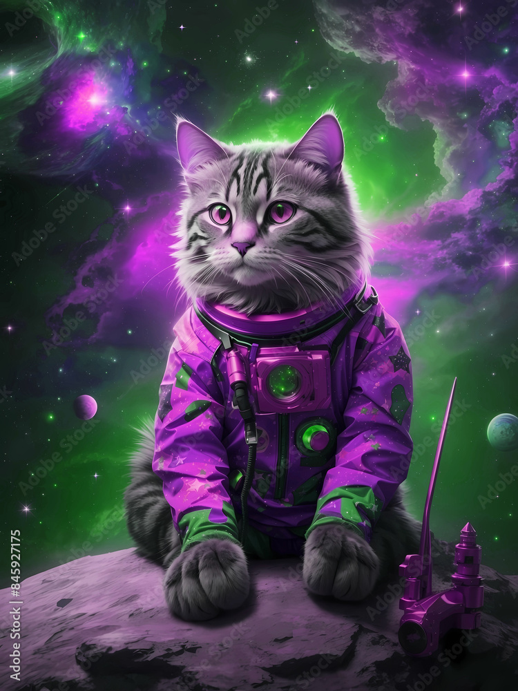 Naklejka premium Abstract fantasy book cover concept with cat astronaut in space