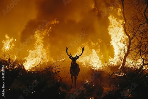 Majestic deer stands in blazing forest, symbolizing resilience in the face of a raging firestorm