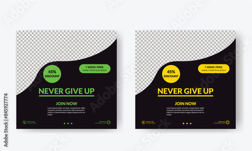 Social media post template design for Gym, Fitness, Workout, and Sports. Editable modern abstract banner with place for the photo. Usable for social media, banner , and website.