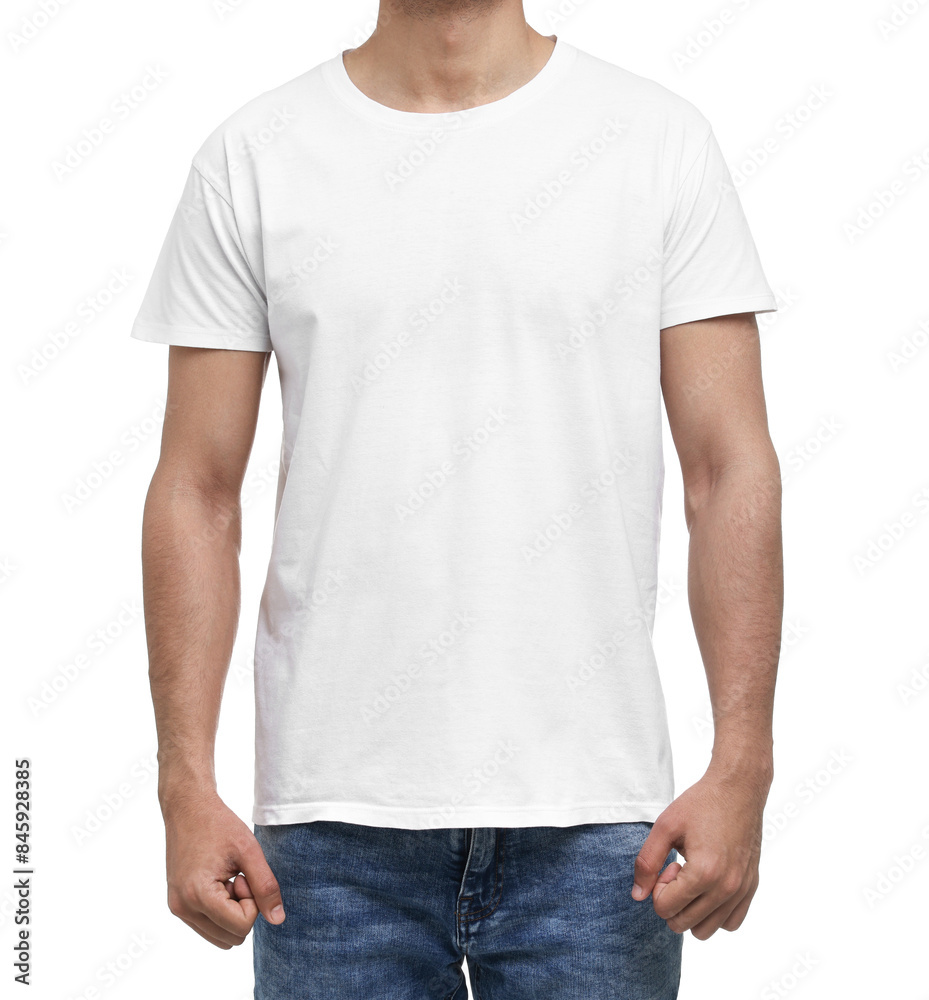 Man in t-shirt on white background, closeup Man in t-shirt on white background, closeup