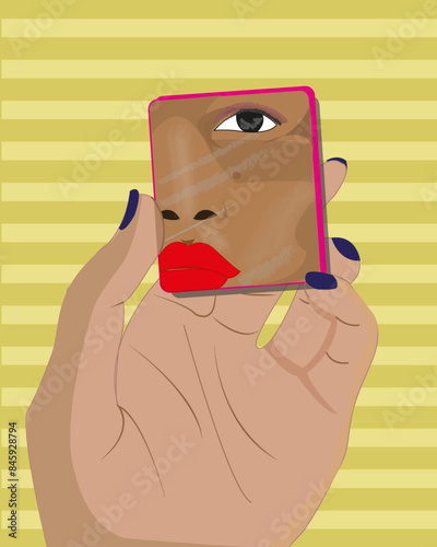 visage main reflet miroir femme beauté maquillage manucure vernis à ongle rayures jaune