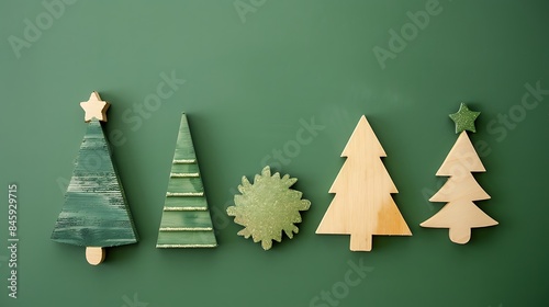 Christmas tree toys made of plywood on a green background
