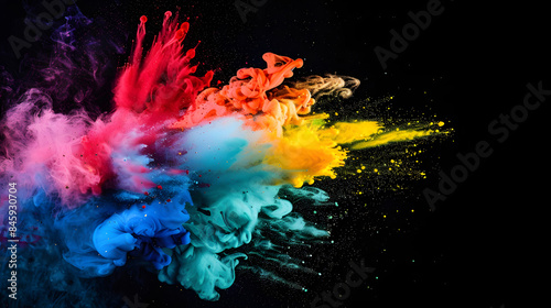 Many colors were mixed together. There is a black background, colored powder, colored dust. Generative AI
