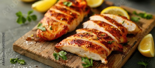 Sliced and whole chicken breast seasoned with spice rub and zesty lemon on a wooden board