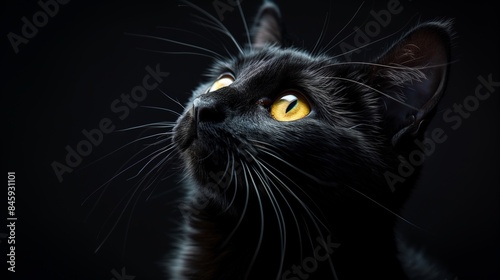 A close-up of a black cat with bright yellow eyes looking up, its whiskers prominent against a dark background.