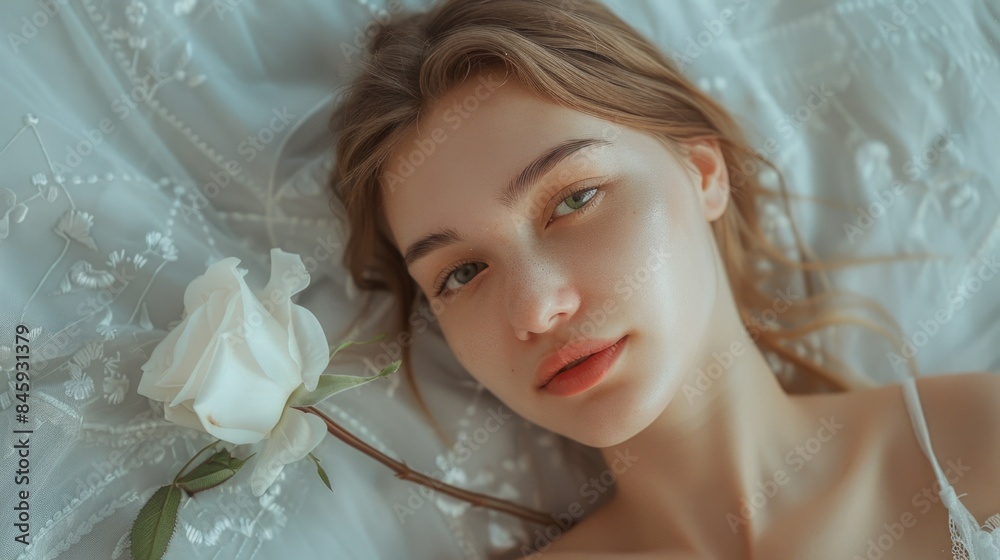 A woman relaxing on a bed with a flower in her hand A woman relaxing on a bed with a flower in her hand