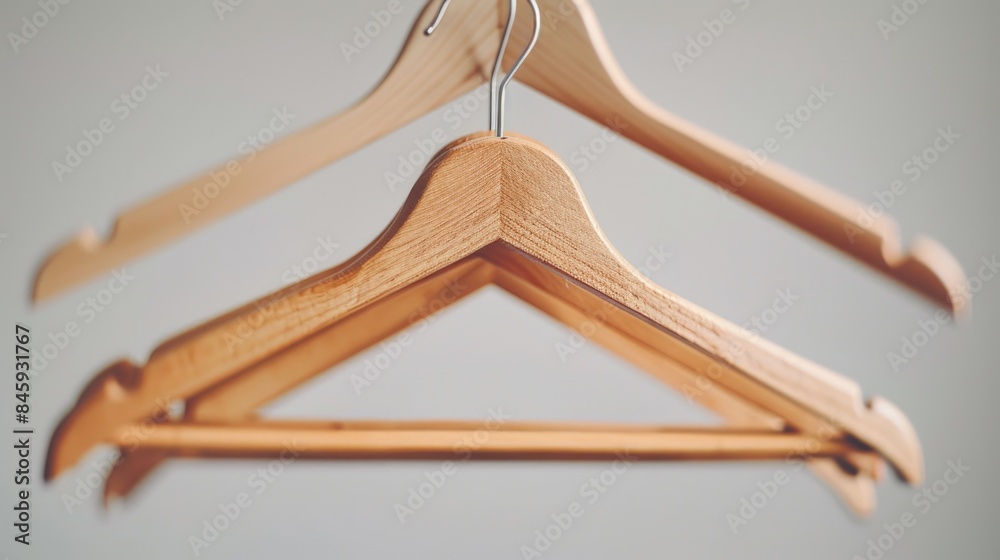Two wooden clothes hangers hanging on a wall, ideal for use in interior design, fashion, or lifestyle photography Two wooden clothes hangers hanging on a wall, ideal for use in interior design, fashion, or lifestyle photography