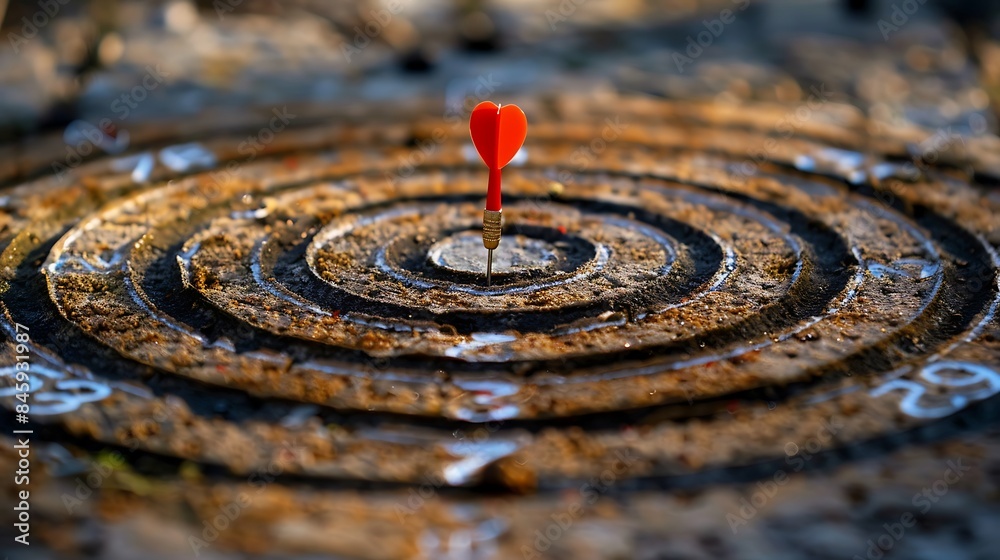 Circular target marked with numbers and a red dart hits in the center