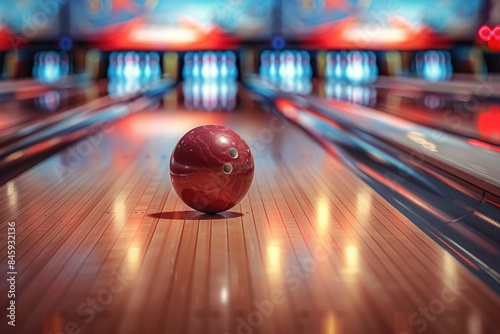 A bright red bowling ball sits atop a bowling alley, ready for the next game