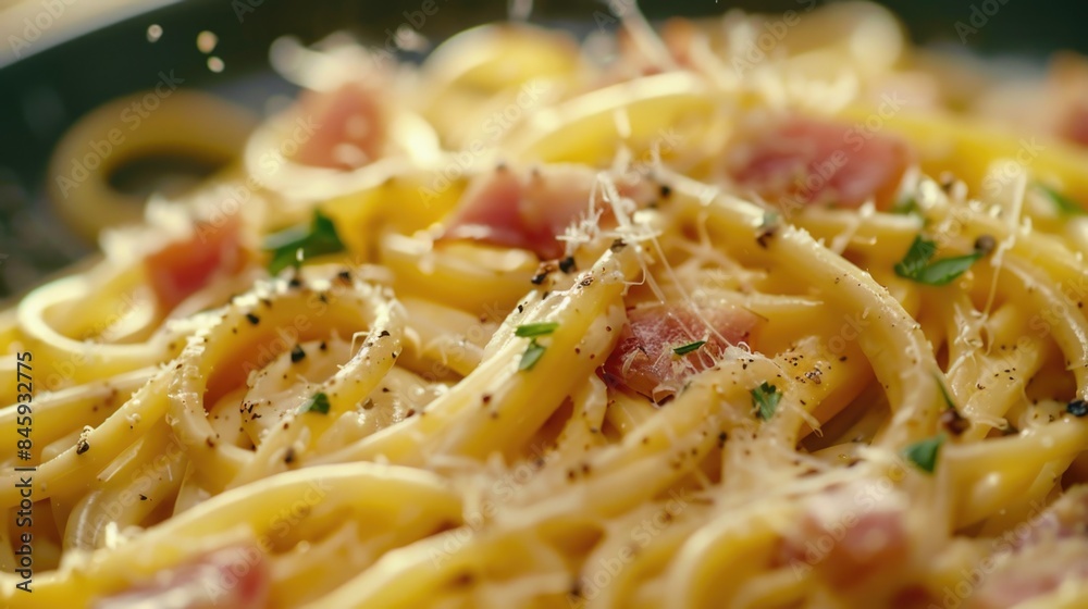 A plate of pasta with sliced ham and melted Parmesan cheese, perfect for a quick meal or snack A plate of pasta with sliced ham and melted Parmesan cheese, perfect for a quick meal or snack