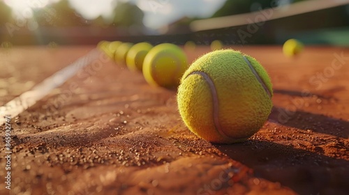Row of tennis balls resting on the surface of a tennis court, ready for play © Fotograf
