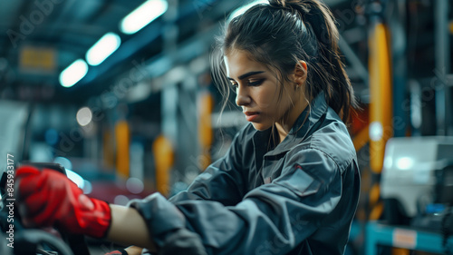 Latino young woman in overalls working as an auto mechanic getting her hands dirty under the hood. © Lithographica