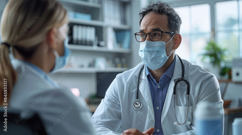 A doctor consulting with a patient in a modern clinic, both wearing masks and maintaining safety protocols A doctor consulting with a patient in a modern clinic, both wearing masks and maintaining safety protocols