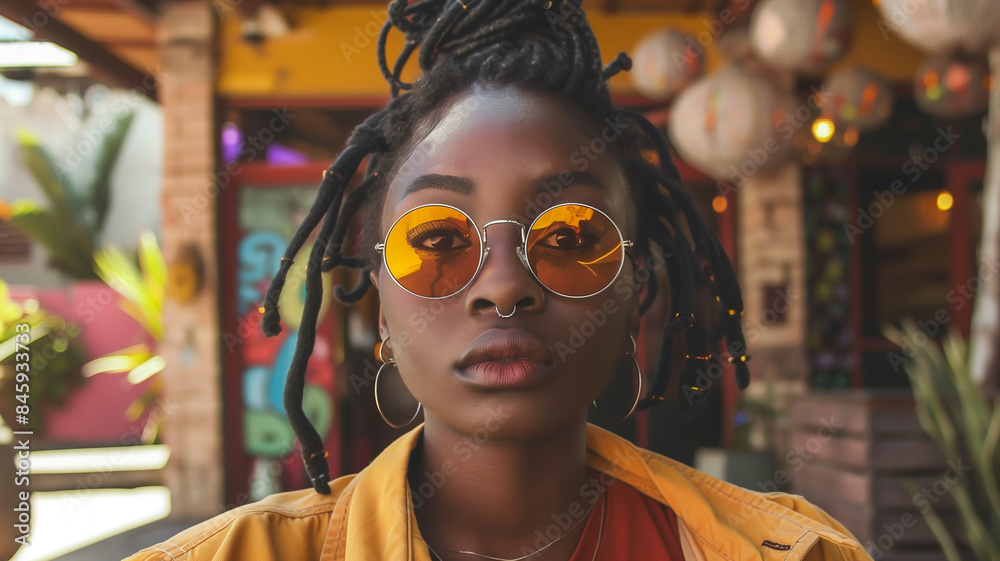 Obraz premium South African female model with dreads and sunglasses posing in a yellow jacket outside of a Johannesburg cafe.