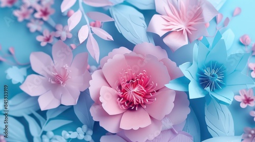 A collection of colorful paper flowers arranged on a bright blue surface