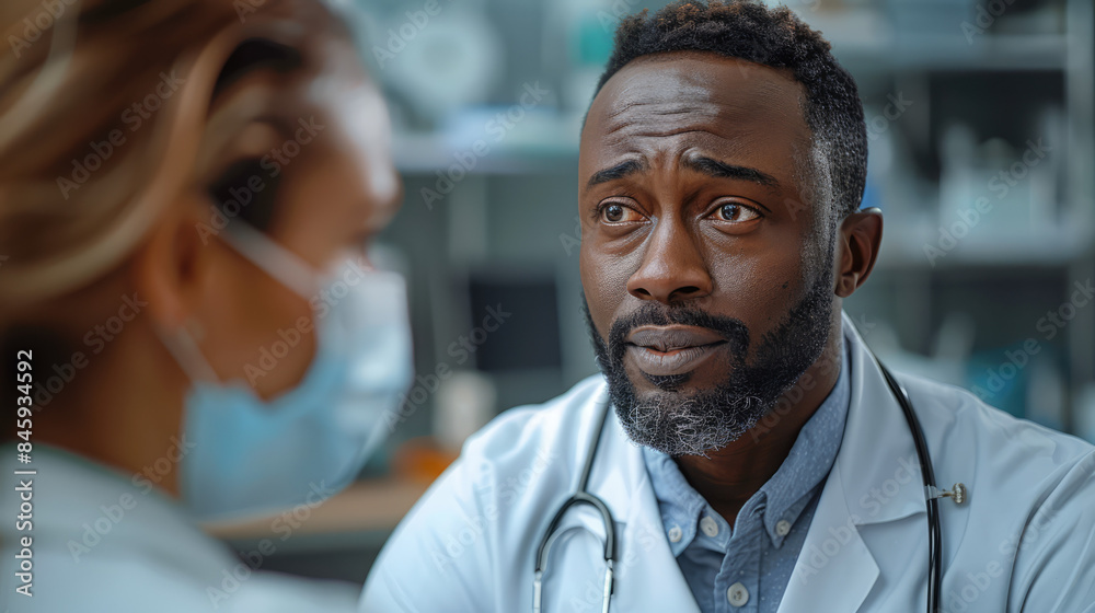 A doctor consulting with a patient in a modern clinic, both wearing masks and maintaining safety protocols A doctor consulting with a patient in a modern clinic, both wearing masks and maintaining safety protocols