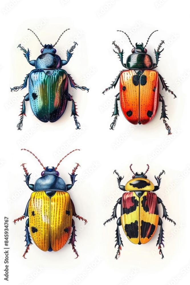 Close-up of four differently colored insects on a white background
