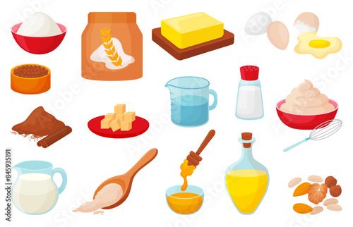 Cartoon baking ingredients. Flour pack, sugar in bowl, eggs and milk in glass jug. Butter cinnamon honey and oil. Cooking neoteric vector collection