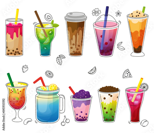 Doodle bubble tea. Fruit smoothies and refreshment drinks and toppings. Seasonal beverages, tapioca drink and fruits teas, neoteric vector set
