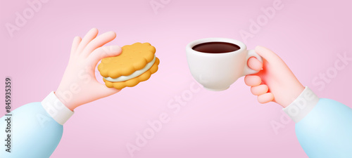 Coffee breakfast 3d concept. Espresso americano and biscuit. Hands hold white cup and cookies with praline. Render realistic pithy vector food banner