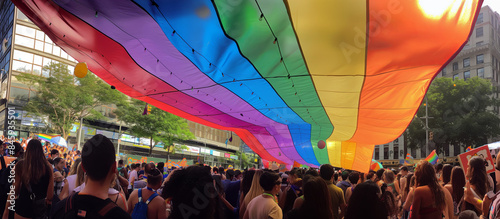 Large Rainbow Flag Draped Over Crowd at Pride Parade photo