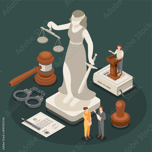 Law justice isometric concept. Judicial system, accused witness and lawyer or prosecutor. Themis statue, handcuffs and legal books flawless vector scene