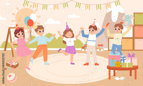 Celebrating birthday in kindergarten. Happy children in playroom with balloons and confetti. Party with gifts, toddlers celebrate cartoon vector scene