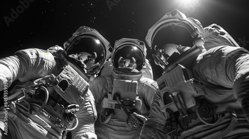 Fototapeta Naklejka Na Ścianę i Meble -  Group of astronauts in space suits standing side by side, possibly preparing for a mission or waiting for transportation
