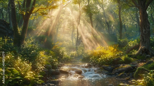 A serene forest at sunrise, with sunlight streaming through the canopy, illuminating the vibrant green foliage and a tranquil stream below. © Rashid