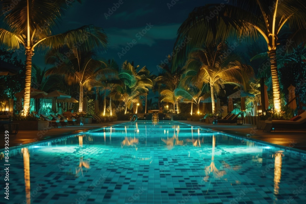 A swimming pool illuminated at night, surrounded by palm trees A swimming pool illuminated at night, surrounded by palm trees