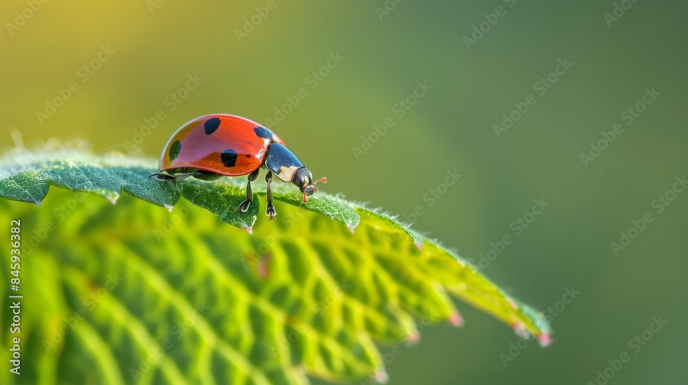 Obraz premium Ladybug on the edge of a green leaf in a natural outdoor setting
