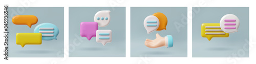Set of 3D social media chat bubbles posters in different colors and shapes.
