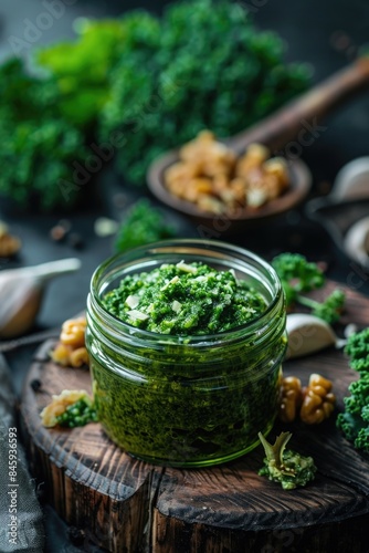 A jar of pesto sauce sits on a cutting board, ready for use in cooking