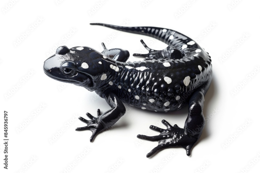 Fototapeta premium A close-up shot of a small black and white spotted lizard resting on a white background