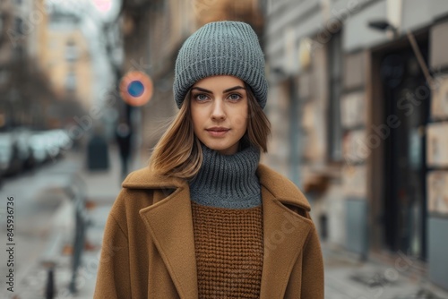 A woman wearing a brown coat and gray hat, possibly on her way to or from somewhere © Fotograf