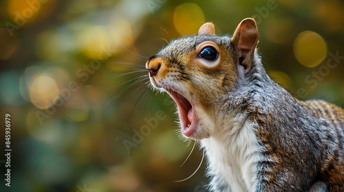 Close up of a grey squirrel yawning