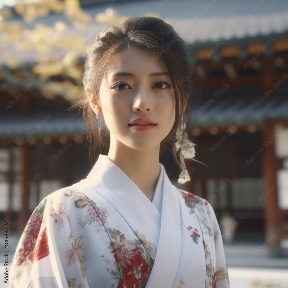 Traditional Japanese Temple Scene with Woman in Yukata Generative AI Traditional Japanese Temple Scene with Woman in Yukata Generative AI